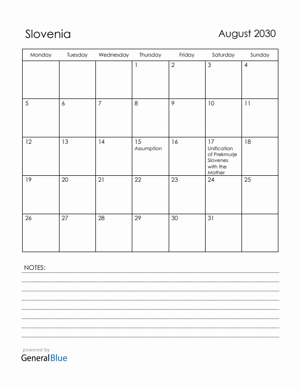 August 2030 Slovenia Calendar with Holidays (Monday Start)