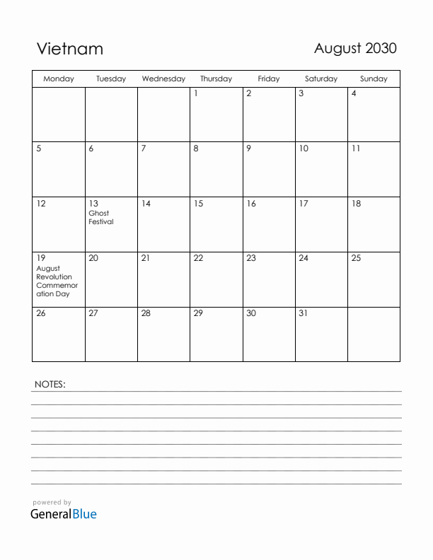 August 2030 Vietnam Calendar with Holidays (Monday Start)