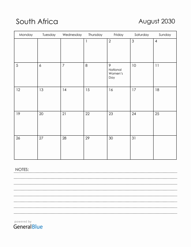 August 2030 South Africa Calendar with Holidays (Monday Start)