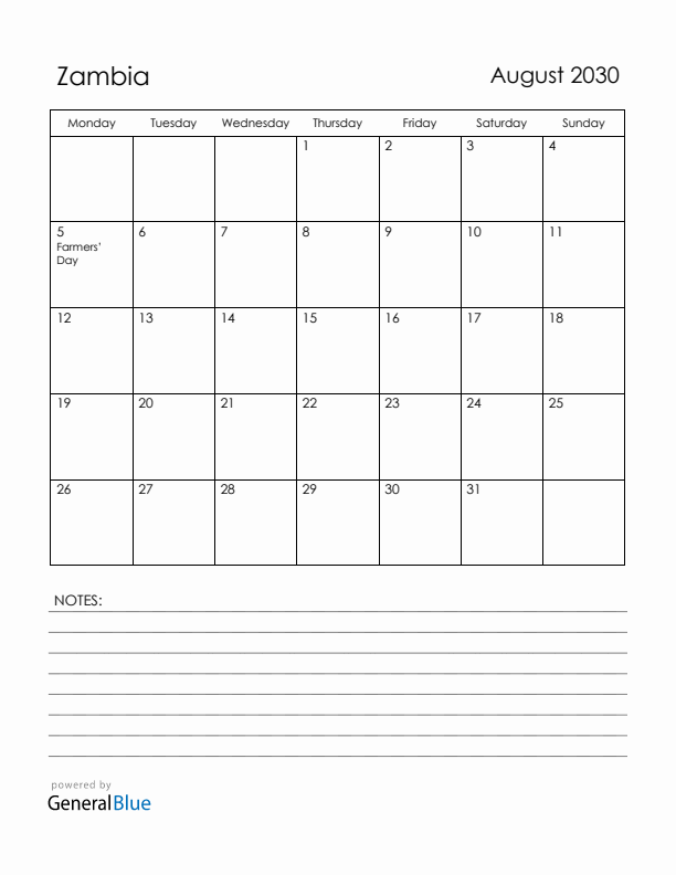 August 2030 Zambia Calendar with Holidays (Monday Start)