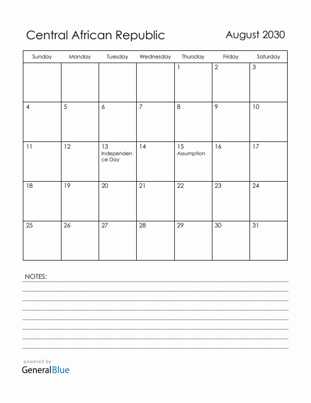 August 2030 Central African Republic Calendar with Holidays (Sunday Start)