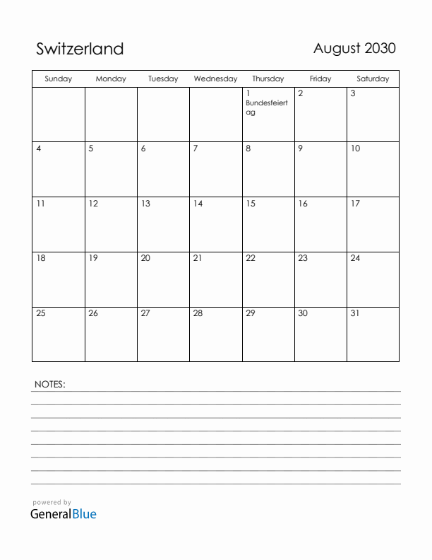 August 2030 Switzerland Calendar with Holidays (Sunday Start)