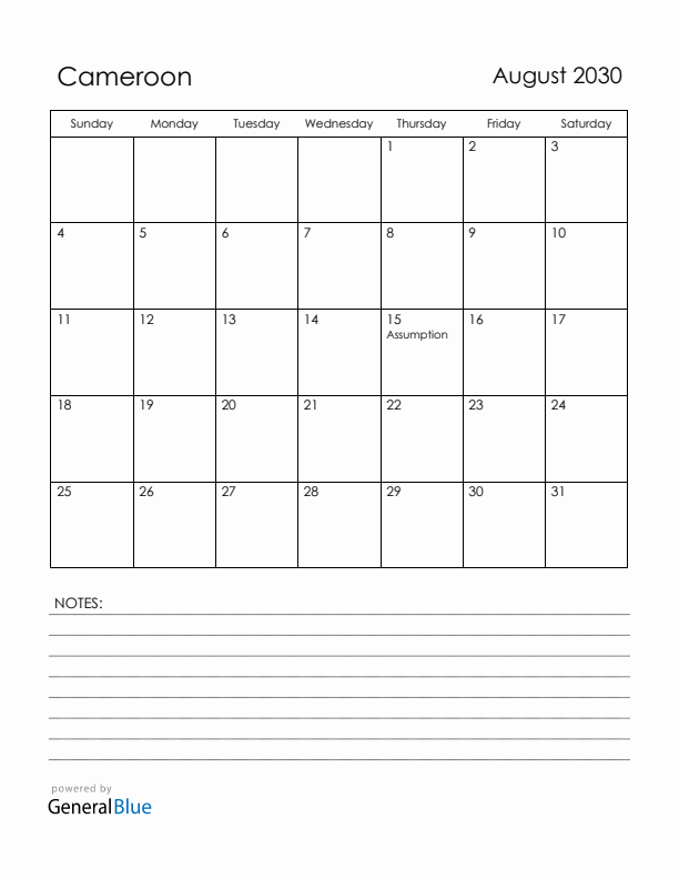 August 2030 Cameroon Calendar with Holidays (Sunday Start)