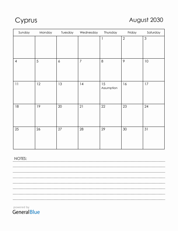 August 2030 Cyprus Calendar with Holidays (Sunday Start)