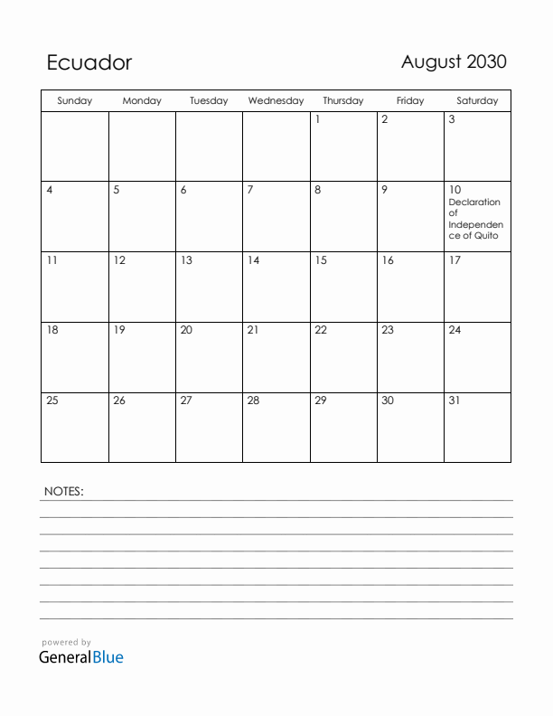 August 2030 Ecuador Calendar with Holidays (Sunday Start)