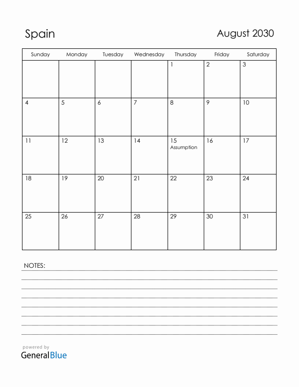 August 2030 Spain Calendar with Holidays (Sunday Start)