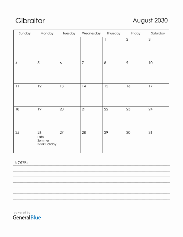 August 2030 Gibraltar Calendar with Holidays (Sunday Start)