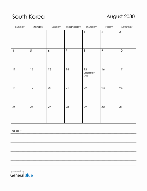 August 2030 South Korea Calendar with Holidays (Sunday Start)