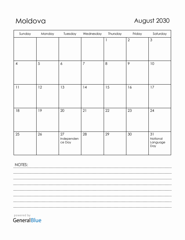 August 2030 Moldova Calendar with Holidays (Sunday Start)