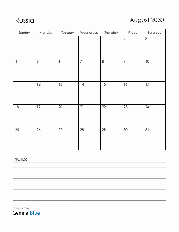 August 2030 Russia Calendar with Holidays (Sunday Start)
