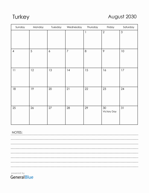 August 2030 Turkey Calendar with Holidays (Sunday Start)