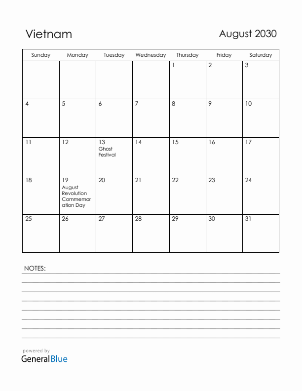 August 2030 Vietnam Calendar with Holidays (Sunday Start)