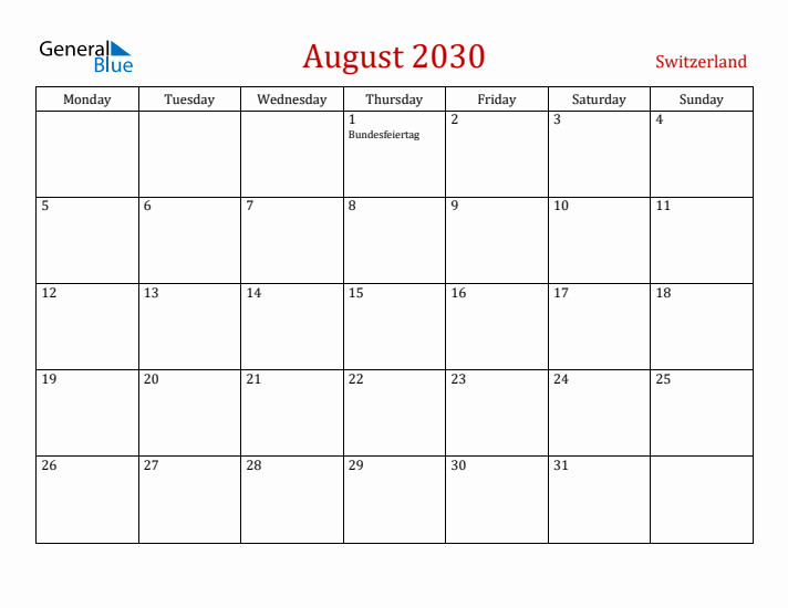 Switzerland August 2030 Calendar - Monday Start