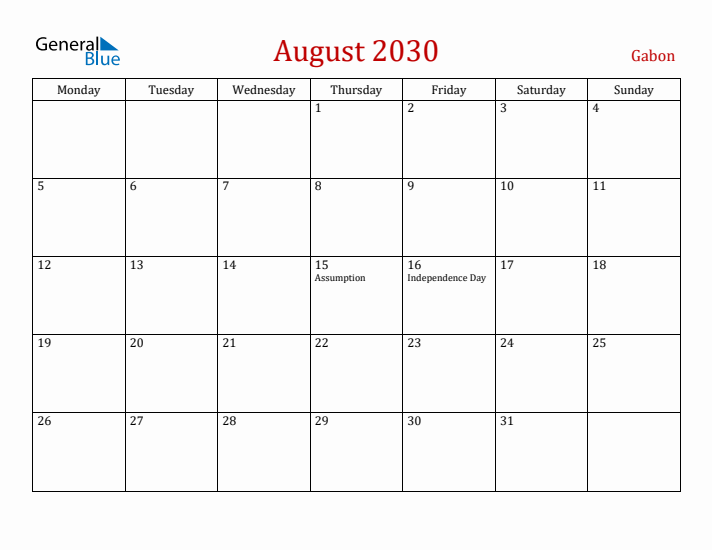 Gabon August 2030 Calendar - Monday Start