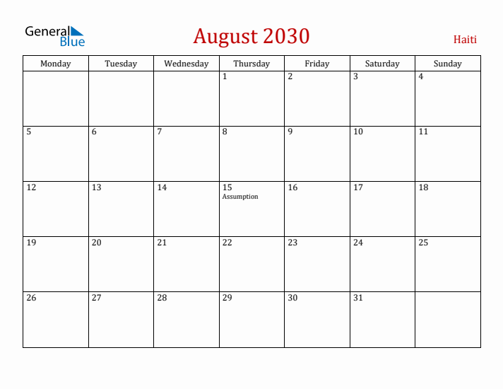 Haiti August 2030 Calendar - Monday Start