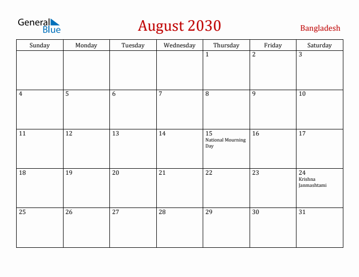 Bangladesh August 2030 Calendar - Sunday Start