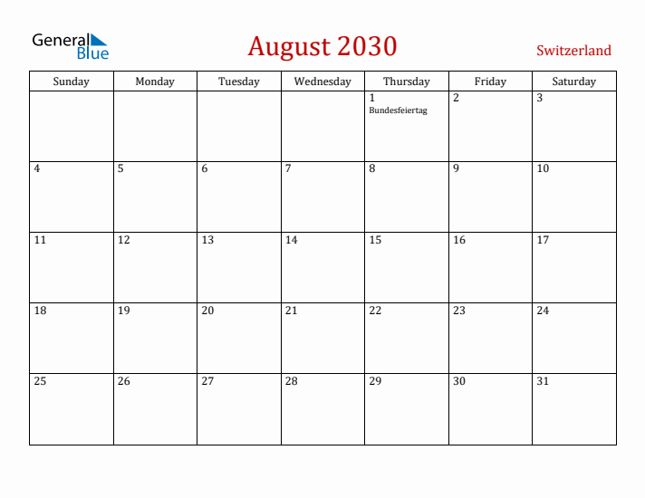 Switzerland August 2030 Calendar - Sunday Start