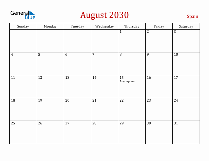 Spain August 2030 Calendar - Sunday Start