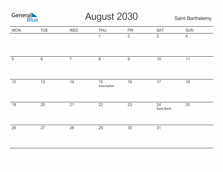 Printable August 2030 Calendar for Saint Barthelemy