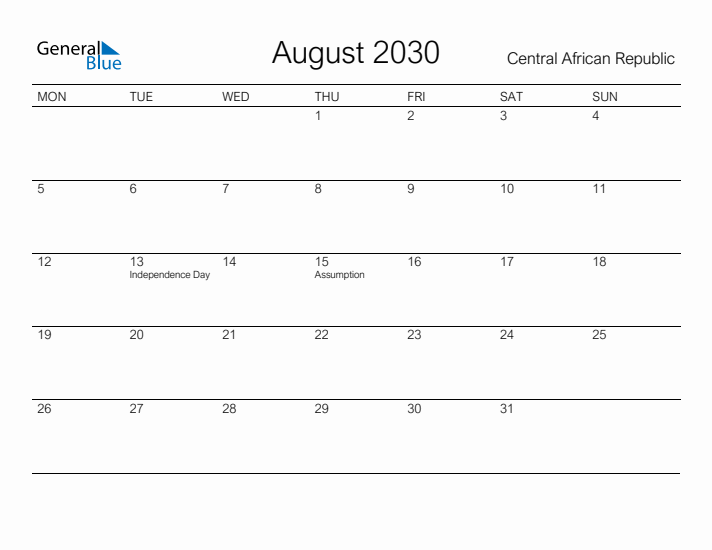 Printable August 2030 Calendar for Central African Republic