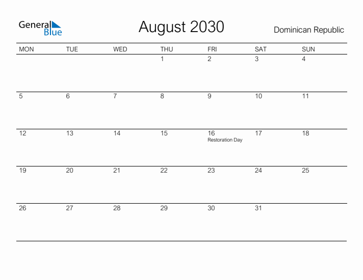 Printable August 2030 Calendar for Dominican Republic