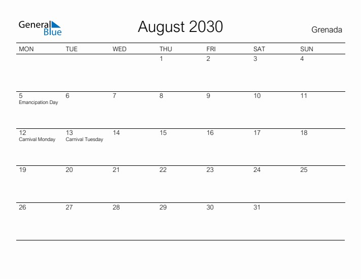 Printable August 2030 Calendar for Grenada