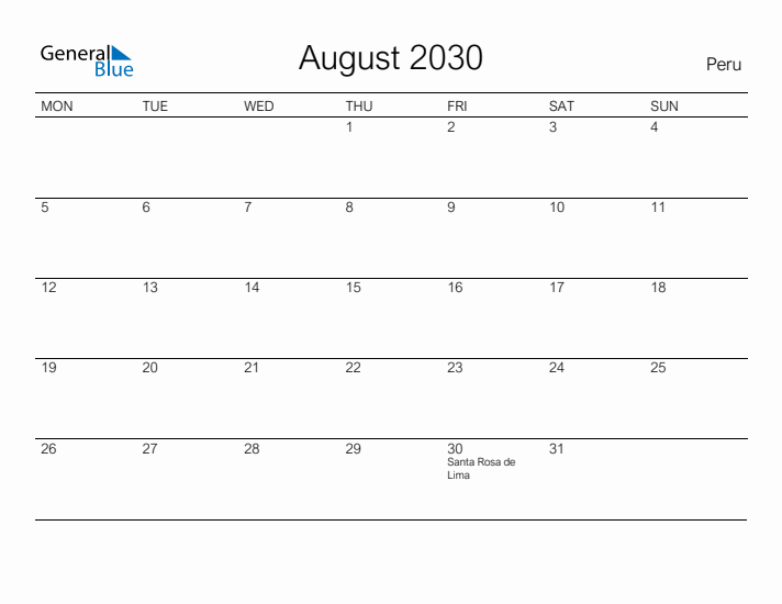 Printable August 2030 Calendar for Peru