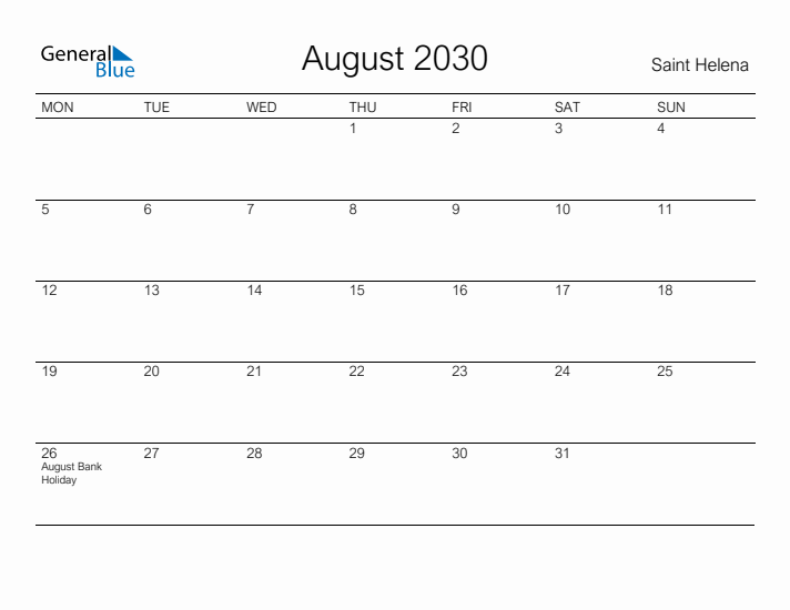 Printable August 2030 Calendar for Saint Helena