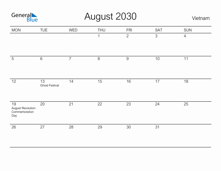 Printable August 2030 Calendar for Vietnam