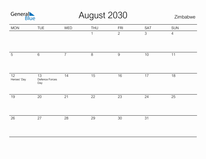 Printable August 2030 Calendar for Zimbabwe