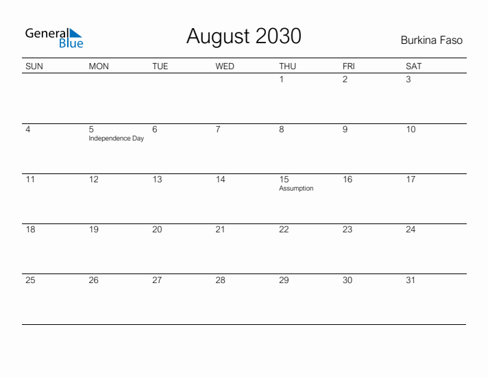 Printable August 2030 Calendar for Burkina Faso