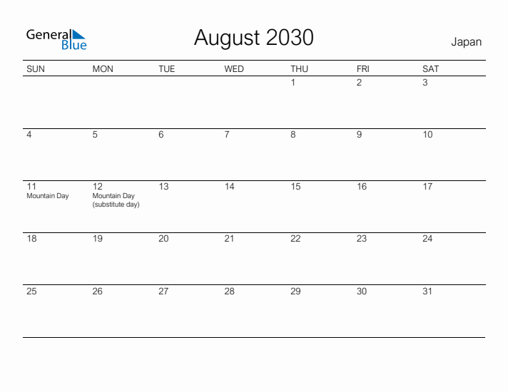 Printable August 2030 Calendar for Japan