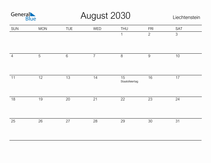 Printable August 2030 Calendar for Liechtenstein