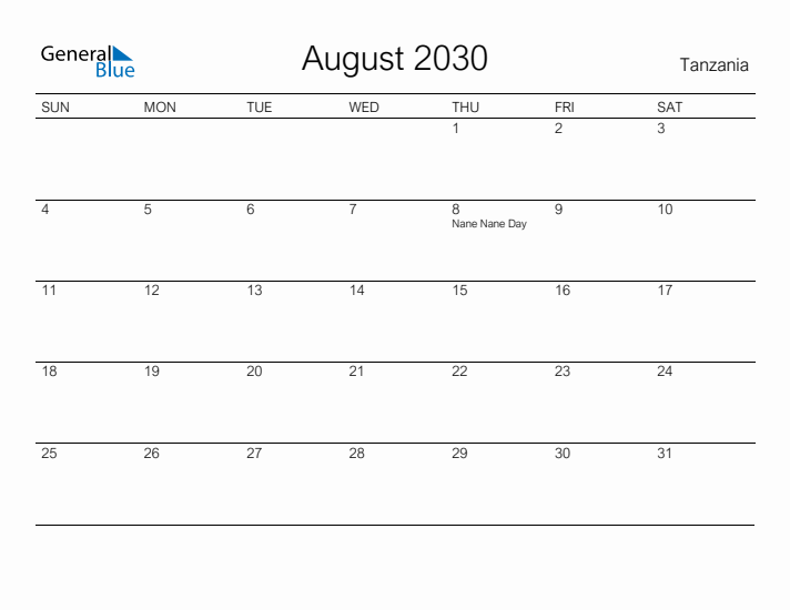 Printable August 2030 Calendar for Tanzania