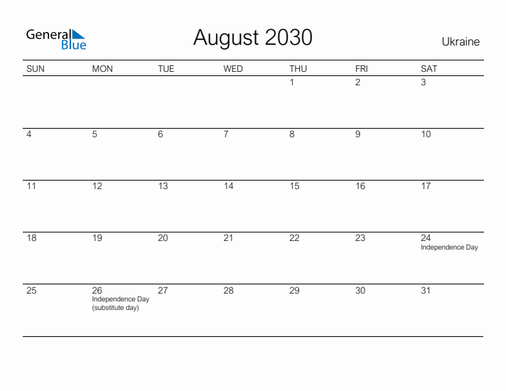 Printable August 2030 Calendar for Ukraine