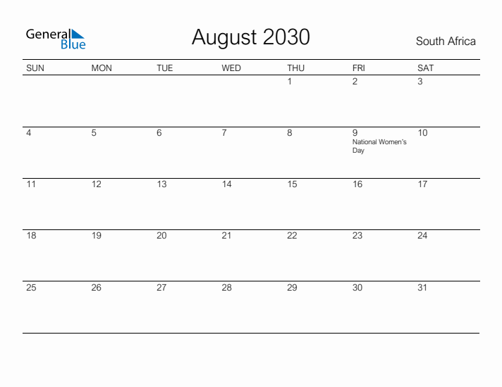 Printable August 2030 Calendar for South Africa