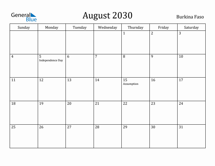 August 2030 Calendar Burkina Faso