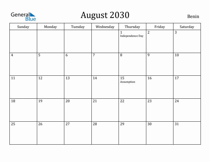 August 2030 Calendar Benin