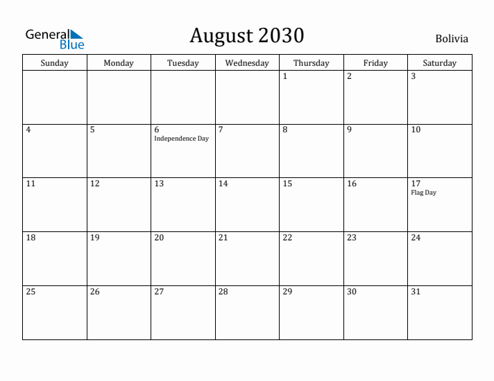 August 2030 Calendar Bolivia