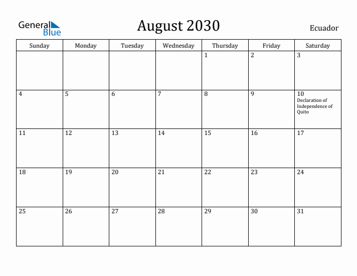 August 2030 Calendar Ecuador