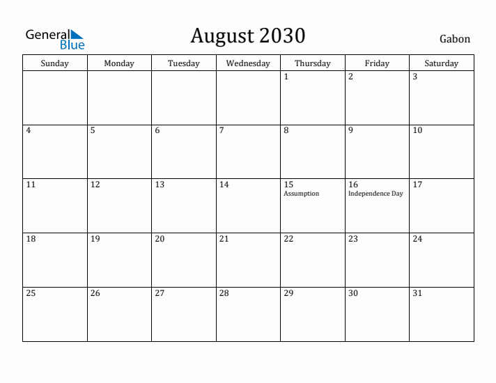 August 2030 Calendar Gabon