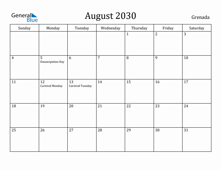 August 2030 Calendar Grenada