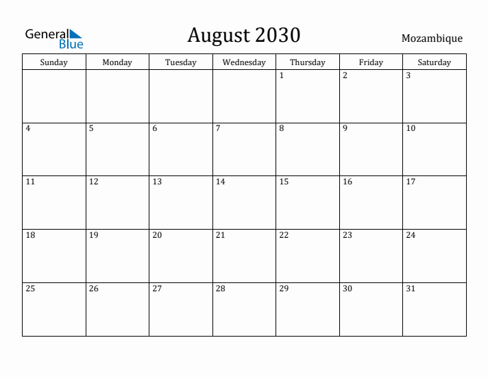 August 2030 Calendar Mozambique