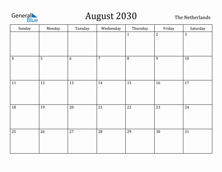 August 2030 Calendar The Netherlands