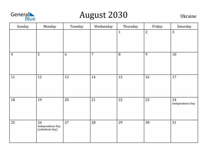 August 2030 Calendar Ukraine