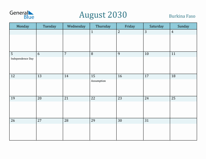 August 2030 Calendar with Holidays