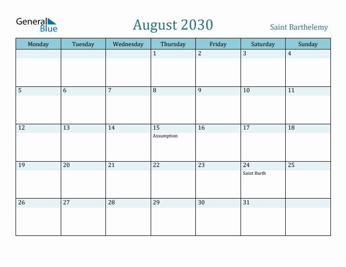 August 2030 Calendar with Holidays