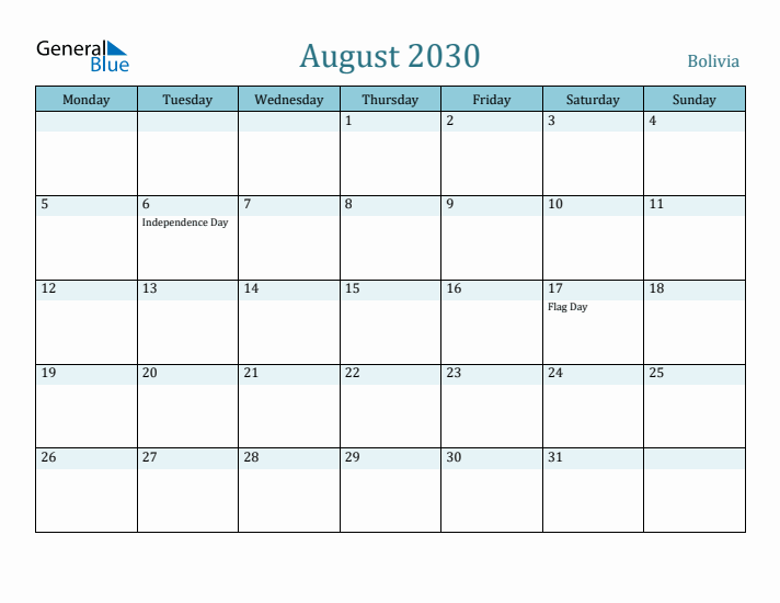 August 2030 Calendar with Holidays