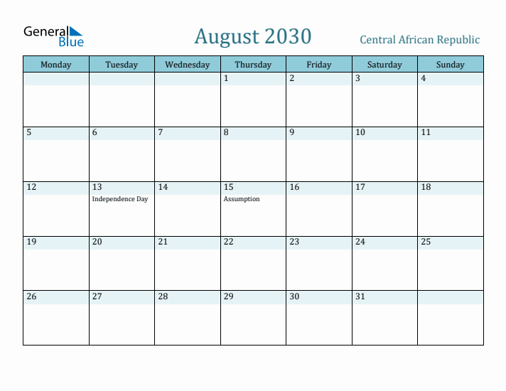 August 2030 Calendar with Holidays