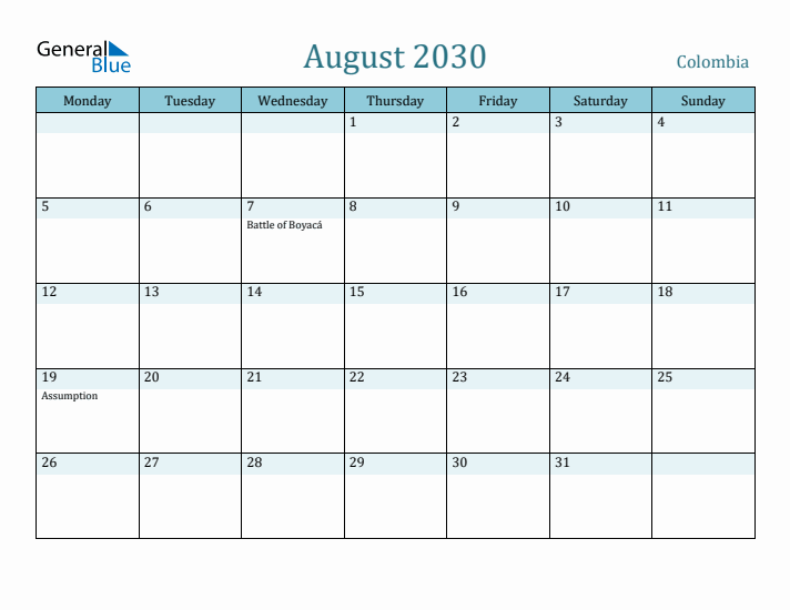 August 2030 Calendar with Holidays